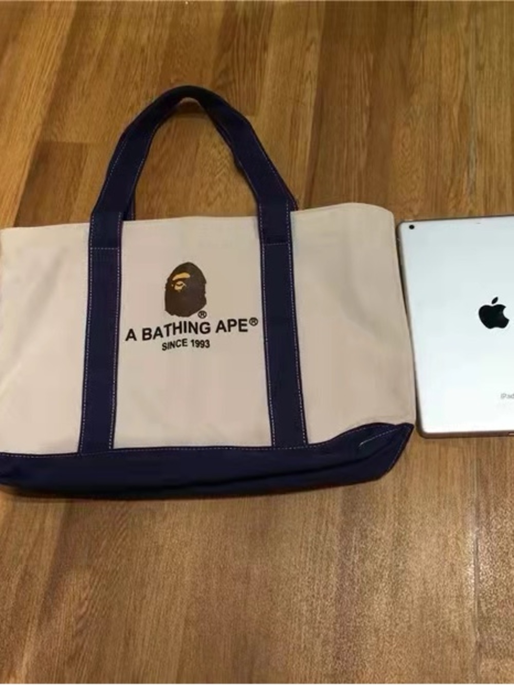 Bape Canvas Duffel Tote in Cream and Navy Blue